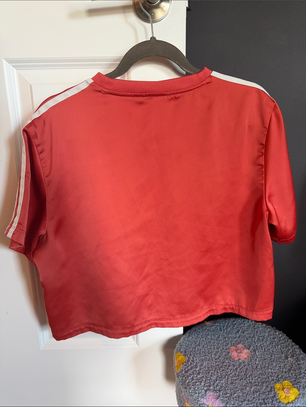 adidas Red Short Sleeve Crop Tee with White Shoulder Stripes - Picture 3 of 7